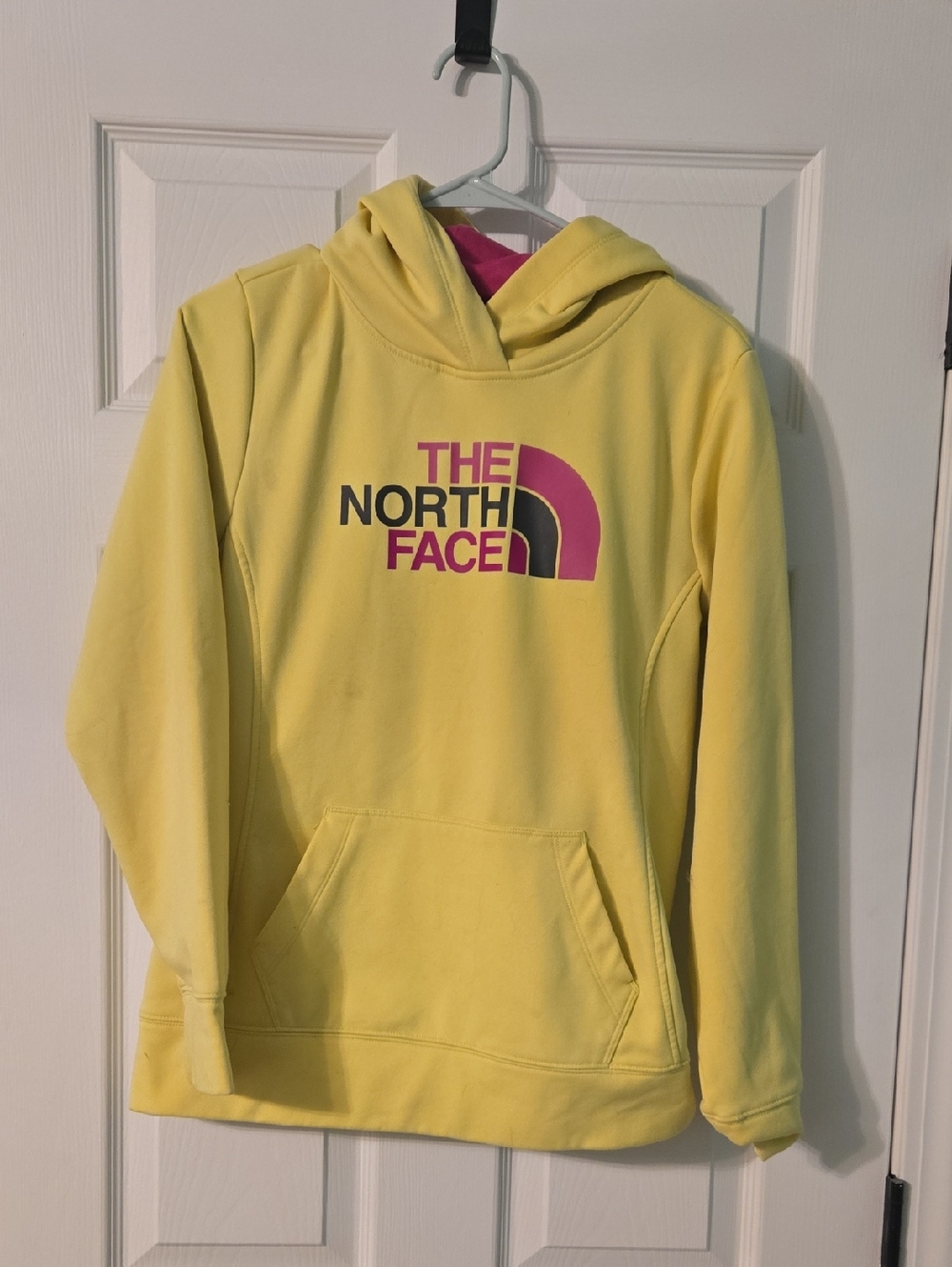 The North Face Yellow Hoodie with Pink Logo Accent